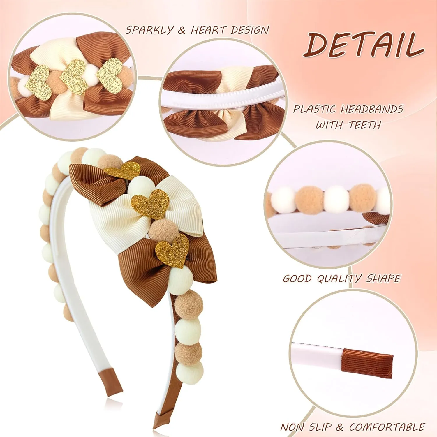 Brown Bow Headband Spring Summer Hair Accessories for Girls Women, Cute Bows Glitter Hearts Hair Band Non Slip Headbands Summer Outfit Party Supplies Decoration