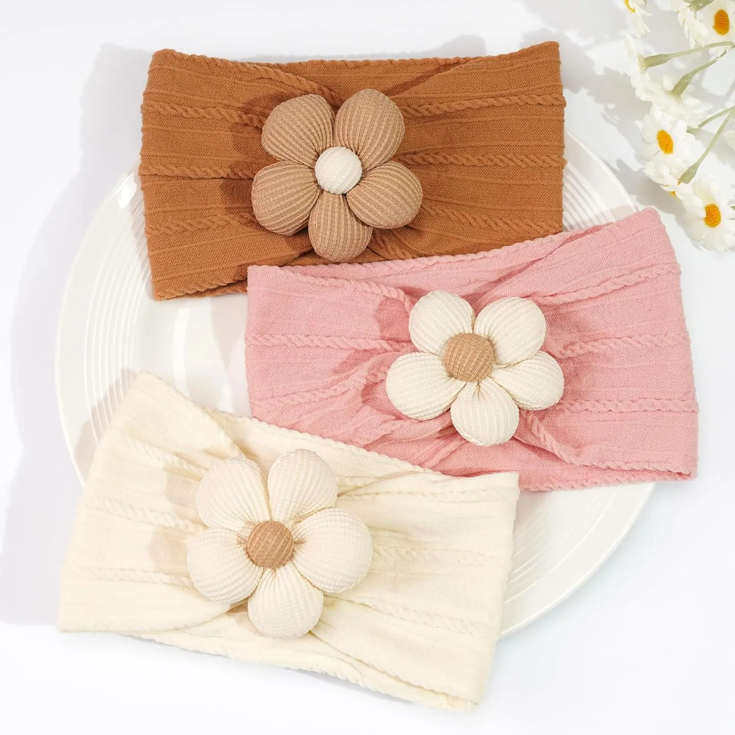 CLLOT Baby Flower Headbands Baby Girls Nylon Headbands Baby Essentials Stretchy Hairbands Handmade Hair Accessories for Newborn Infant Toddlers Kids (Pink,Brown,Beige)