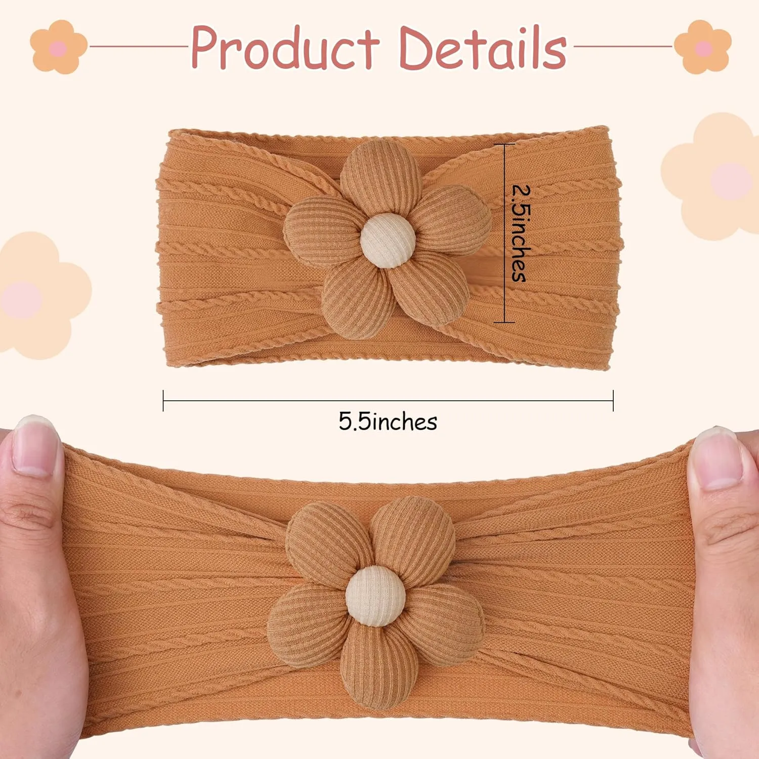 CLLOT Baby Flower Headbands Baby Girls Nylon Headbands Baby Essentials Stretchy Hairbands Handmade Hair Accessories for Newborn Infant Toddlers Kids (Pink,Brown,Beige)