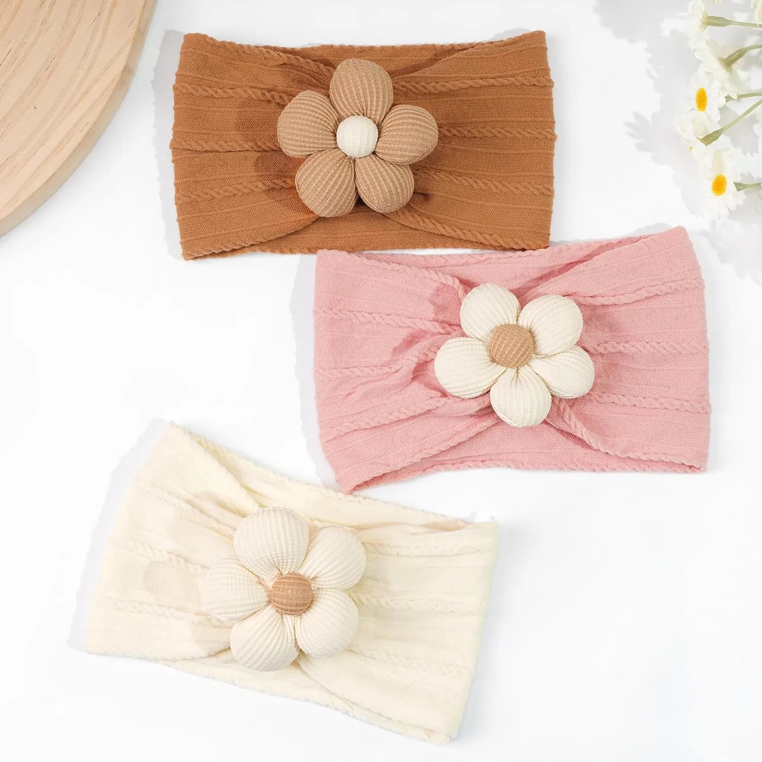 CLLOT Baby Flower Headbands Baby Girls Nylon Headbands Baby Essentials Stretchy Hairbands Handmade Hair Accessories for Newborn Infant Toddlers Kids (Pink,Brown,Beige)