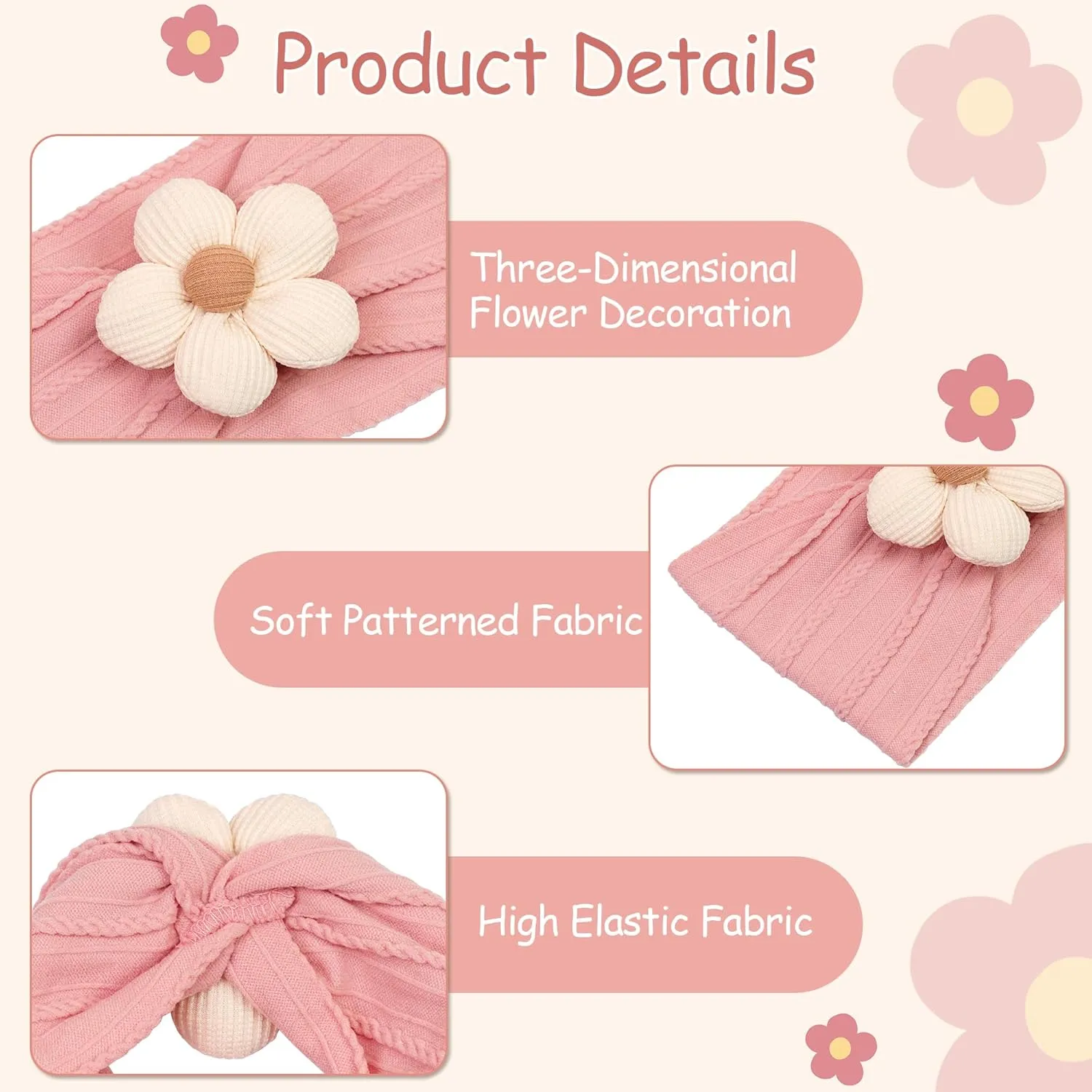 CLLOT Baby Flower Headbands Baby Girls Nylon Headbands Baby Essentials Stretchy Hairbands Handmade Hair Accessories for Newborn Infant Toddlers Kids (Pink,Brown,Beige)