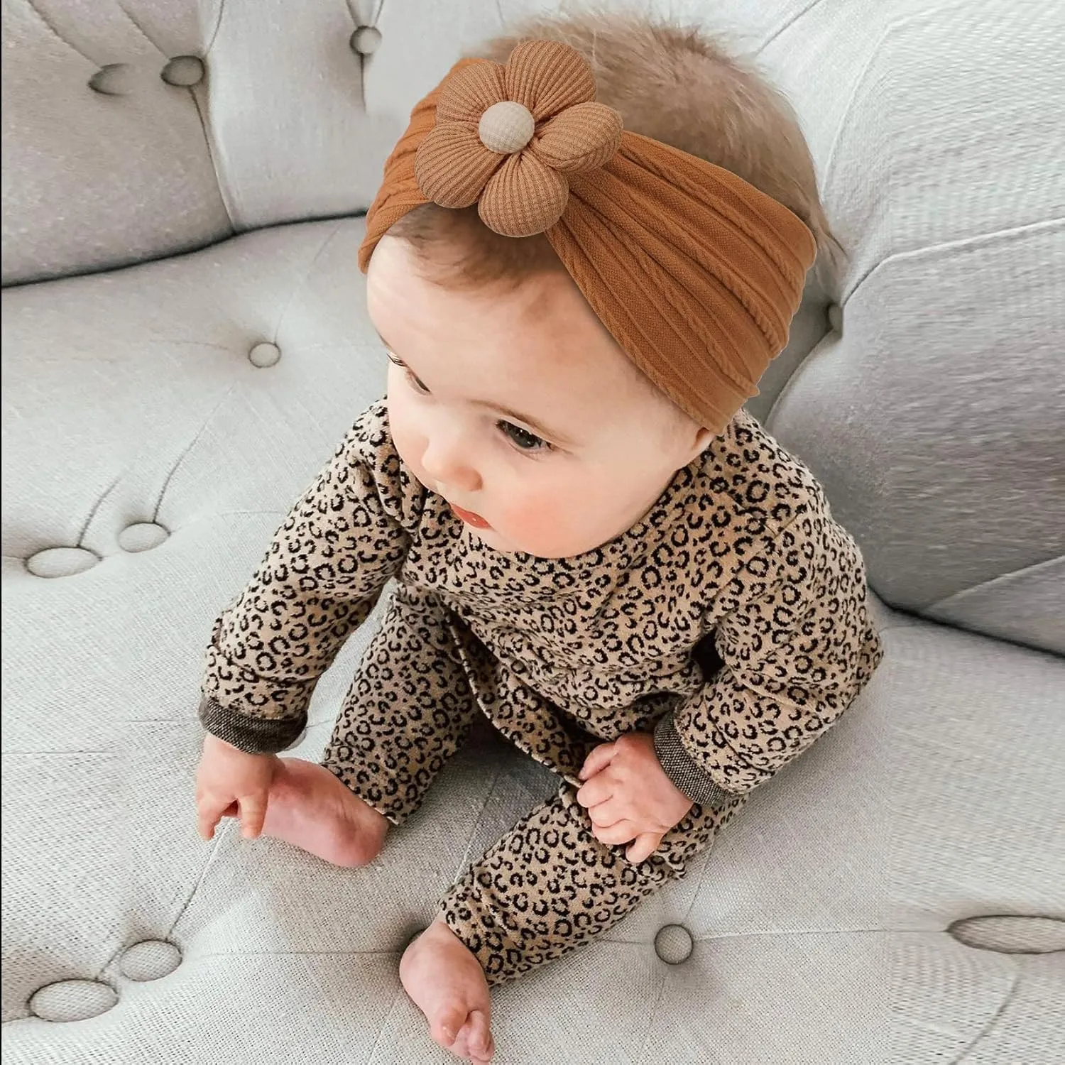 CLLOT Baby Flower Headbands Baby Girls Nylon Headbands Baby Essentials Stretchy Hairbands Handmade Hair Accessories for Newborn Infant Toddlers Kids (Pink,Brown,Beige)