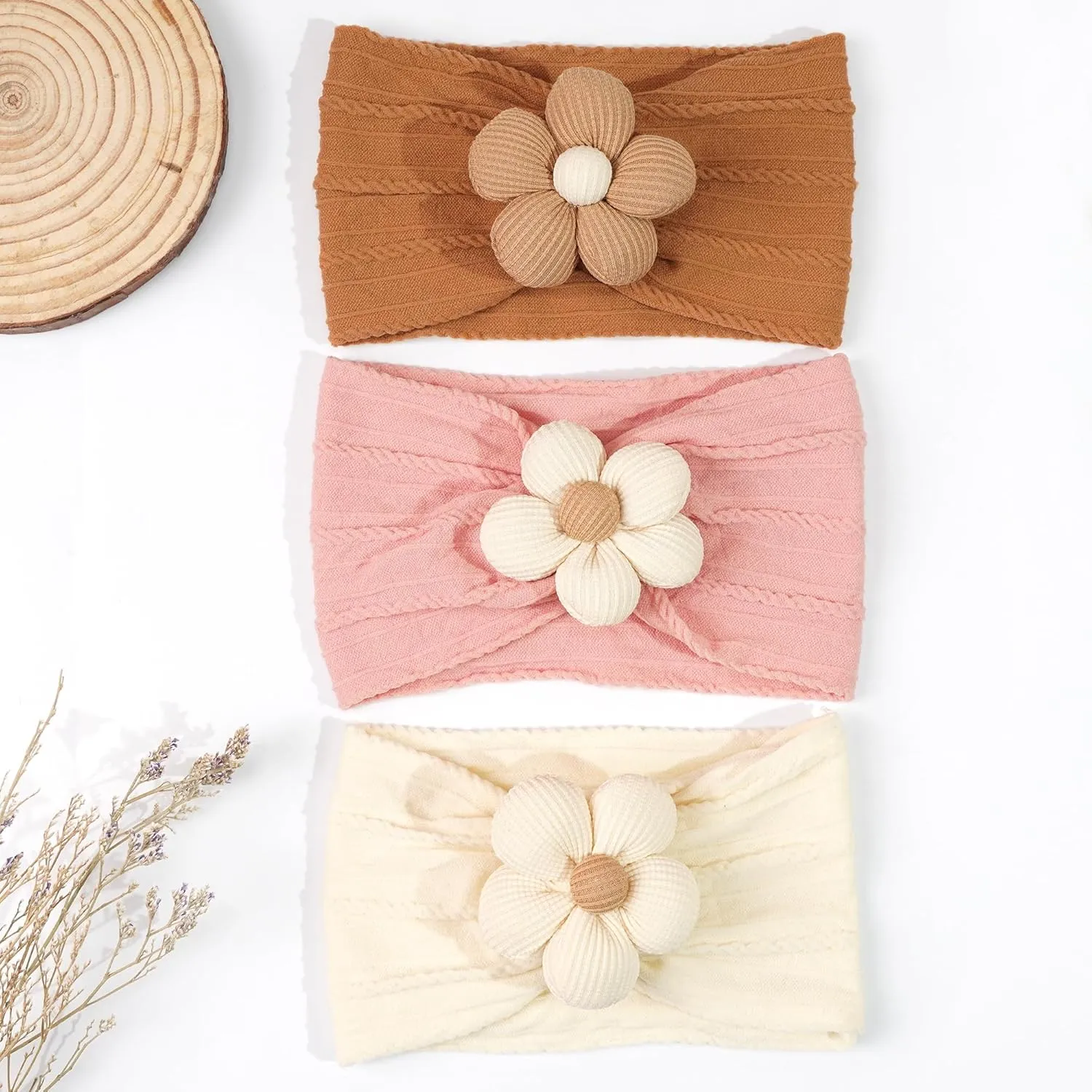 CLLOT Baby Flower Headbands Baby Girls Nylon Headbands Baby Essentials Stretchy Hairbands Handmade Hair Accessories for Newborn Infant Toddlers Kids (Pink,Brown,Beige)