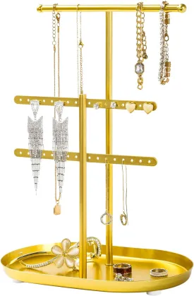 Elegant Jewelry holder Organizer: 2-Tier Display Storage Stand for Earrings Necklaces with Ring Tray Spacious and Durable, Easy to Assemble Gold