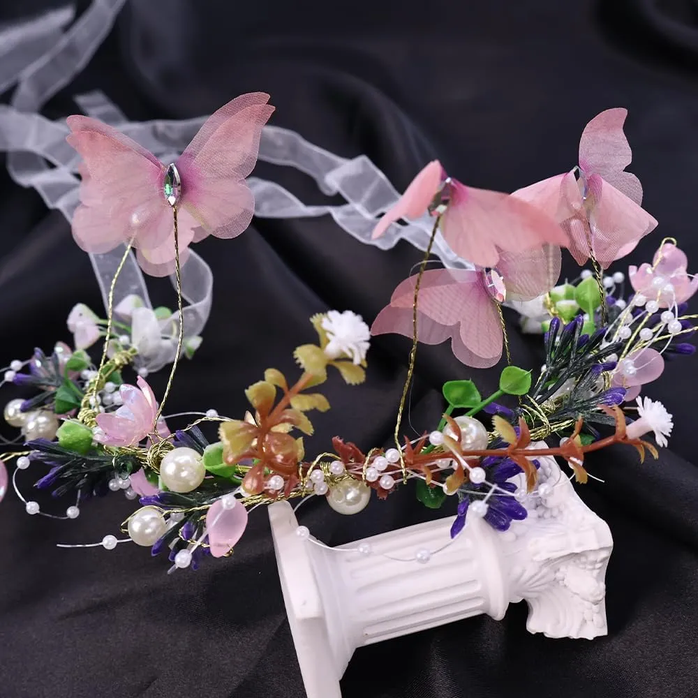 Flower Crown for Women, Adjustable Butterfly Handmade Garland Crown Hair Wreath for Wedding Festival Party Floral Crowns for Girls Headhand Hair Accessory (Pink, Adjustable)