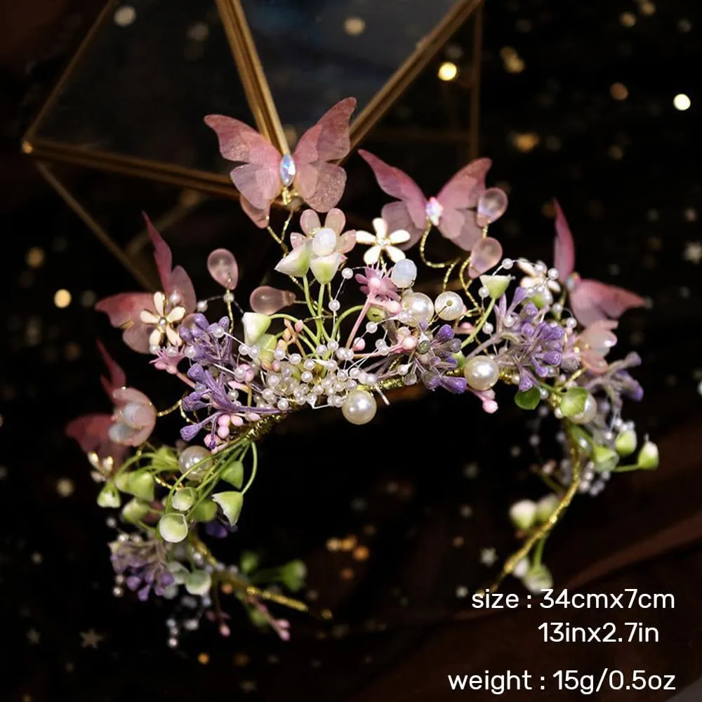 Flower Crown for Women, Adjustable Butterfly Handmade Garland Crown Hair Wreath for Wedding Festival Party Floral Crowns for Girls Headhand Hair Accessory (Pink, Adjustable)