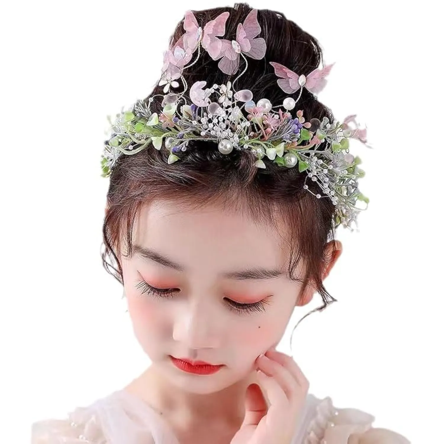 Flower Crown for Women, Adjustable Butterfly Handmade Garland Crown Hair Wreath for Wedding Festival Party Floral Crowns for Girls Headhand Hair Accessory (Pink, Adjustable)