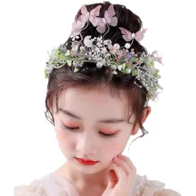Flower Crown for Women, Adjustable Butterfly Handmade Garland Crown Hair Wreath for Wedding Festival Party Floral Crowns for Girls Headhand Hair Accessory (Pink, Adjustable)