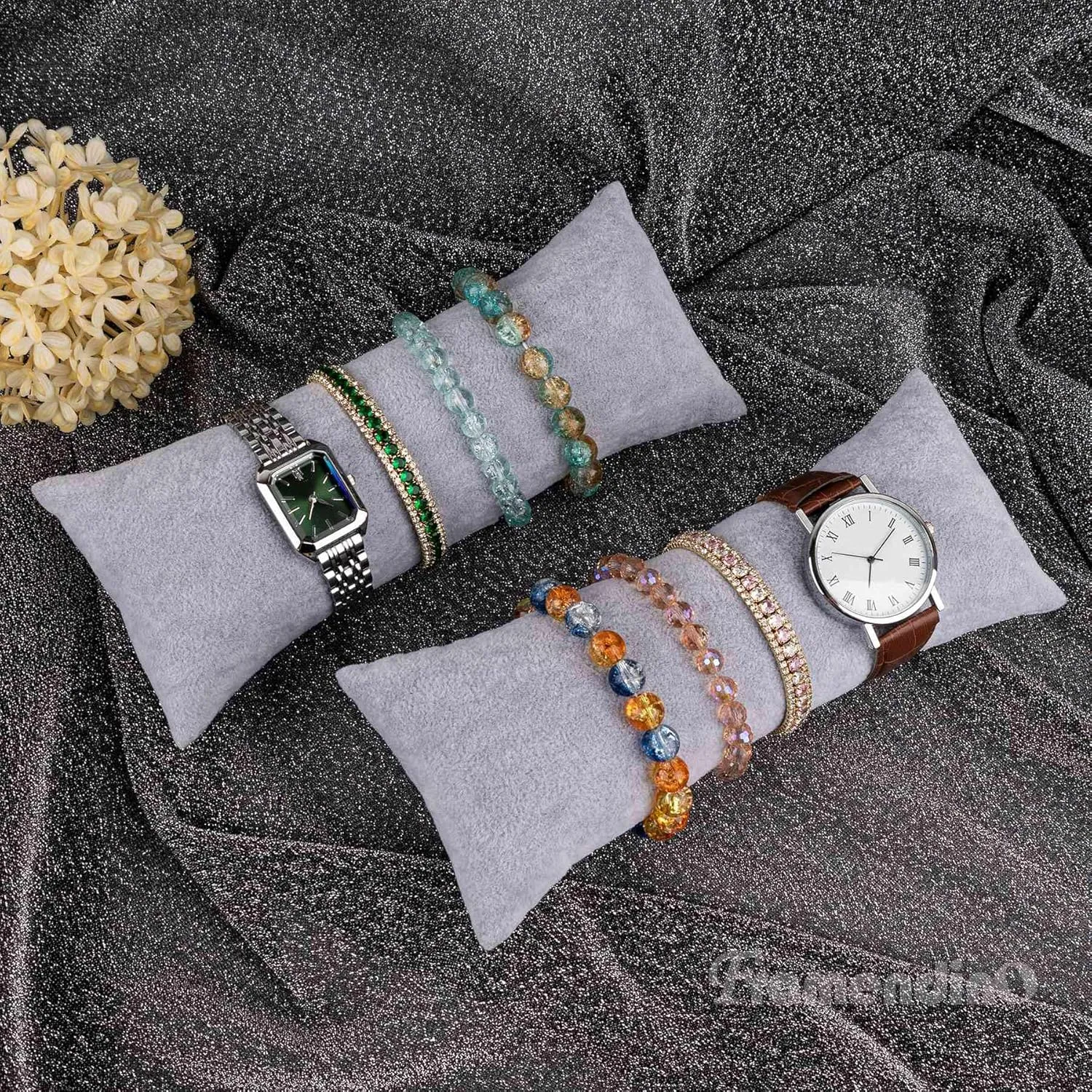 Framendino, 4 Pack Grey Long Watch Display Pillows Velvet Bracelet Jewelry Pillow Bangle Holder Cushion for Show Organizer