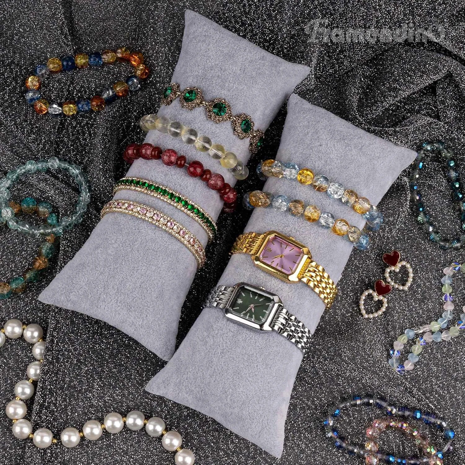 Framendino, 4 Pack Grey Long Watch Display Pillows Velvet Bracelet Jewelry Pillow Bangle Holder Cushion for Show Organizer