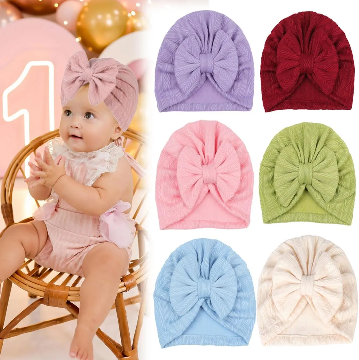 FZBNSRKO 8 Pcs Baby Turban Hats,Baby Hat with Bows/Flower Infant Bonnets Infant Bow Wraps Newborn Headwrap for Baby