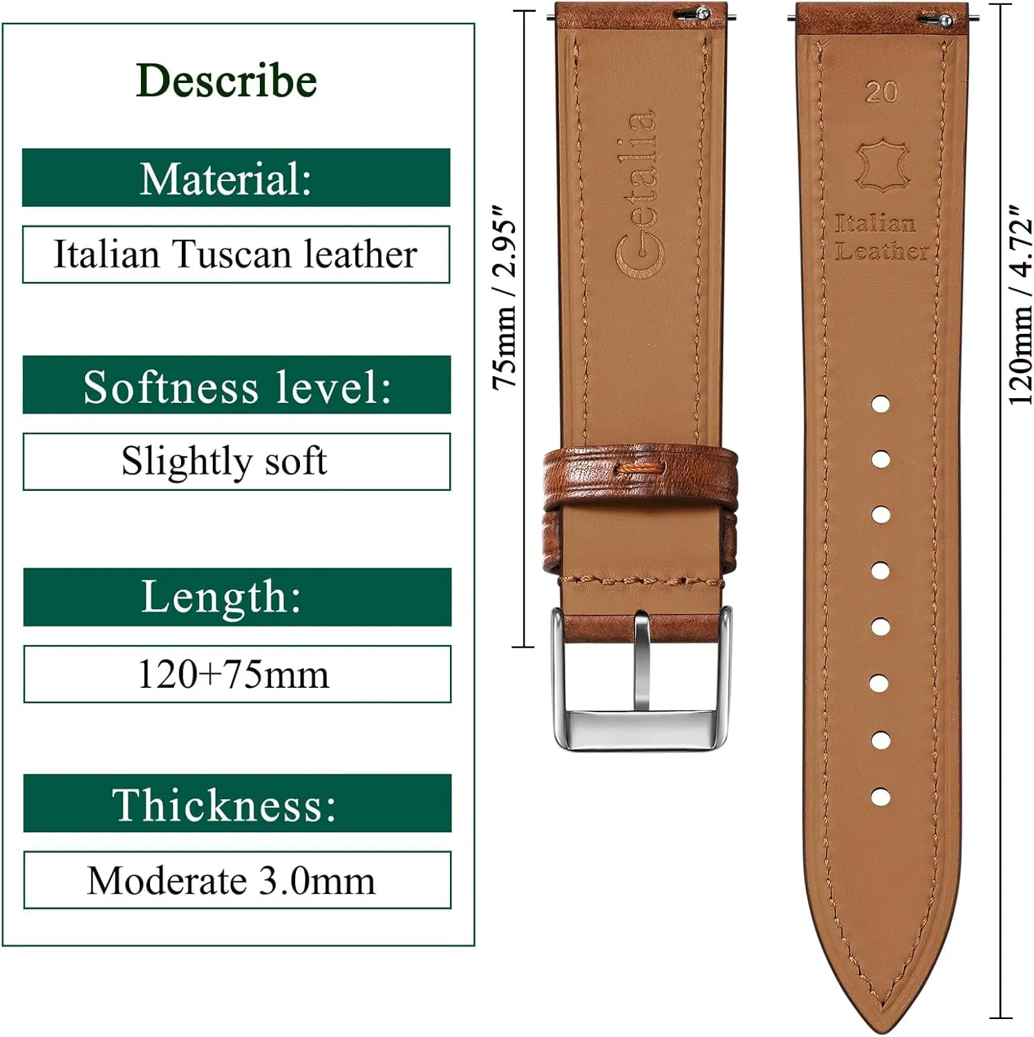 Getalia Italian leather Watch Band Tuscany Natural Vegetable-Tanned Full Grain Genuine Leather,18mm 19mm 20mm 21mm 22mm Quick Release Replacement Watch Straps for Men and Women Thin and Soft