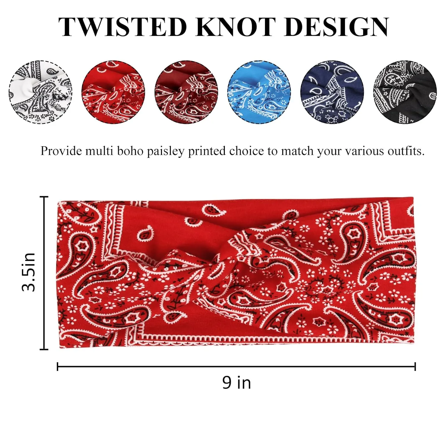 Huachi Boho Headbands for Women's Hair Elastic Hairbands Head Bands Non Slip Wide Twisted Turban Headwrap Fashion Paisley Hair Accessories, 6 Pack