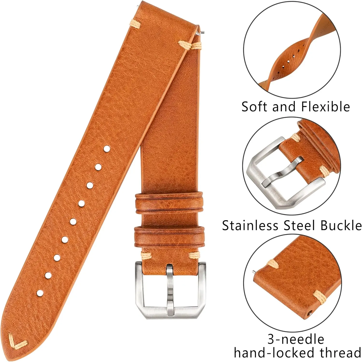 Italian Leather Watch Bands,Top Grain Tuscany Natural Vegetable-Tanned Genuine Leather Watch Straps, Calfskin Watchbands Replacement Strap for Men Women 16mm 18mm 19mm 20mm 21mm 22mm Quick Release