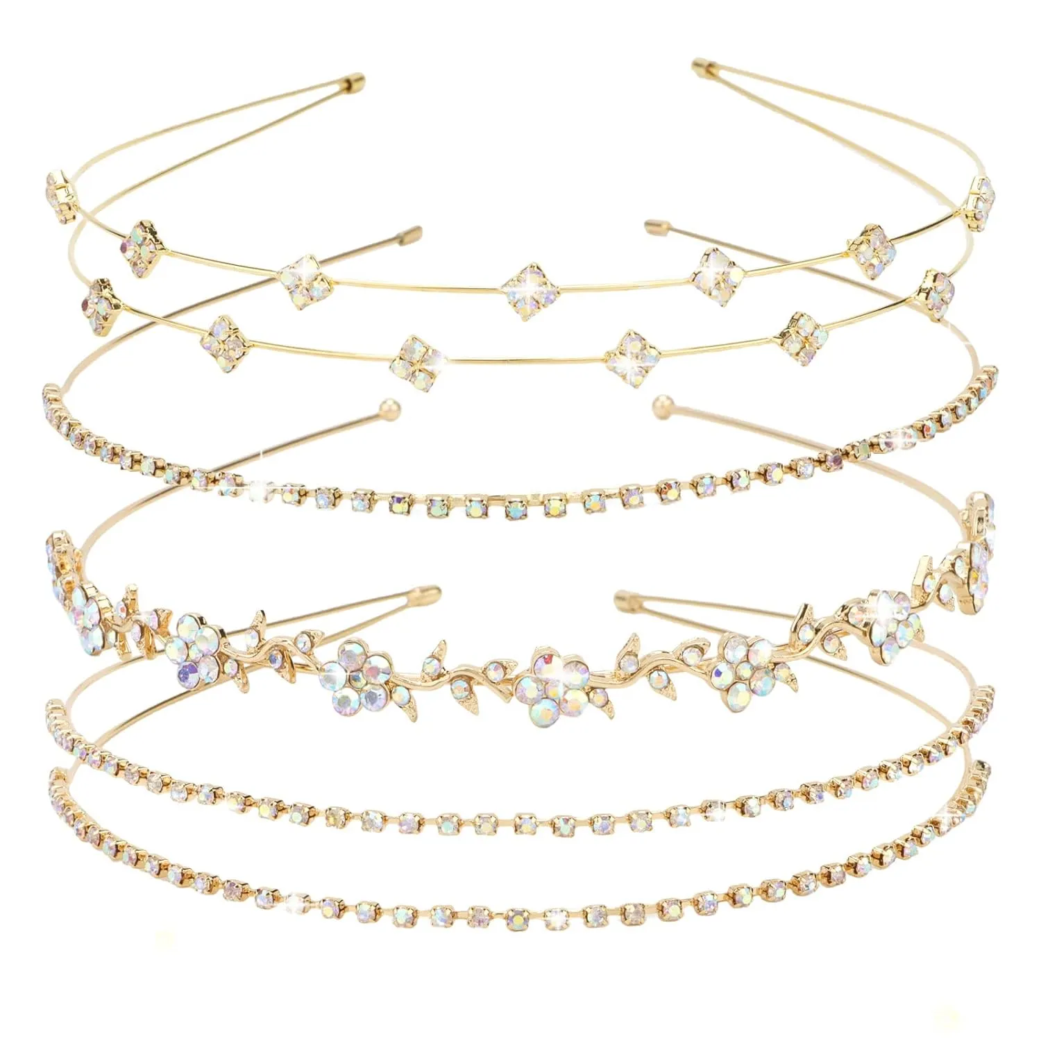 Jaciya Gold Bridal Headband 4 Pieces Rhinestone Headbands AB Crystal Flower Girl Leaves Crown Head Band Tiara Wedding Hair Accessories