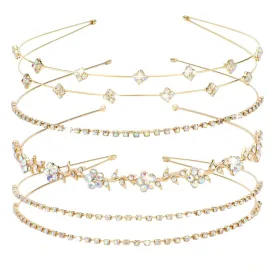 Jaciya Gold Bridal Headband 4 Pieces Rhinestone Headbands AB Crystal Flower Girl Leaves Crown Head Band Tiara Wedding Hair Accessories