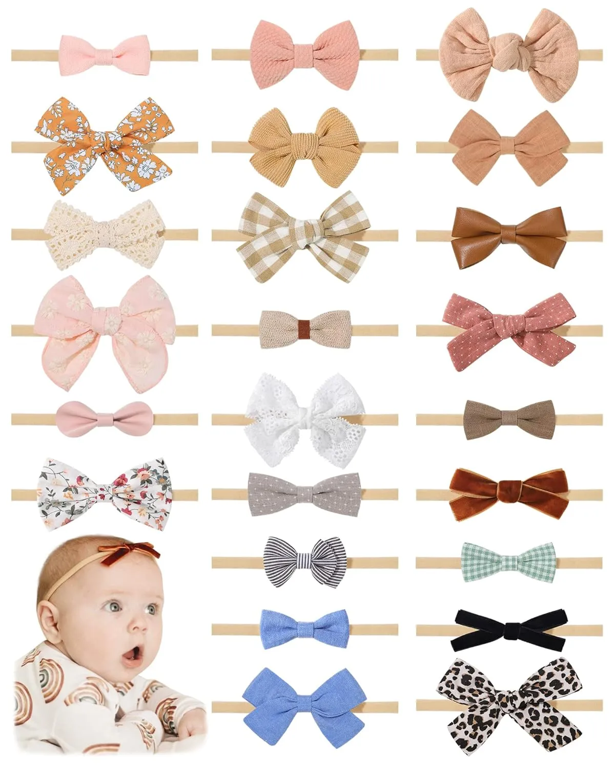 jollybows 24 PCS Baby Headbands and Bows Hairbands Soft Nylon Elastics Handmade Girls Hair Accessories for Newborn Babies Infant Toddlers Kids