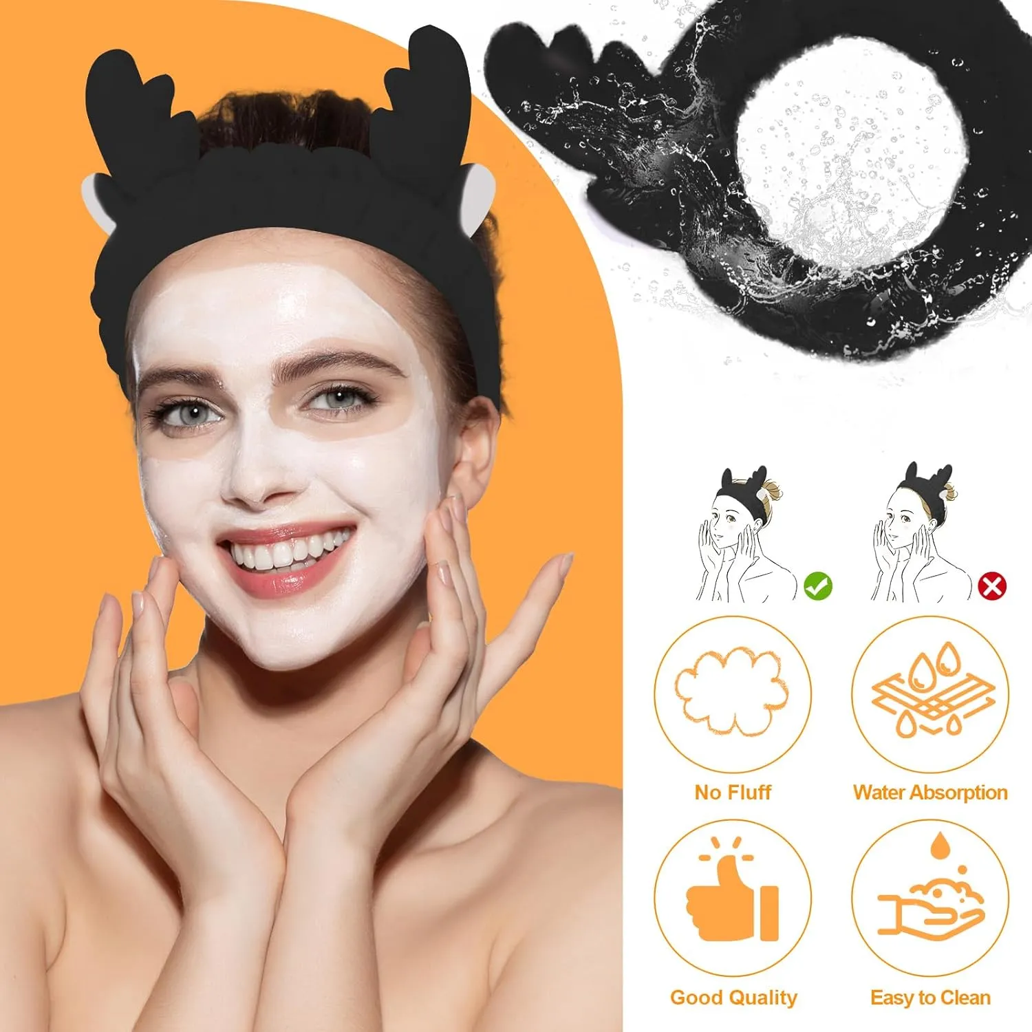 Jowmoy Cute antlers Headband Frog Eye Elastic to Wash Face for Women Makeup Shower Spa.