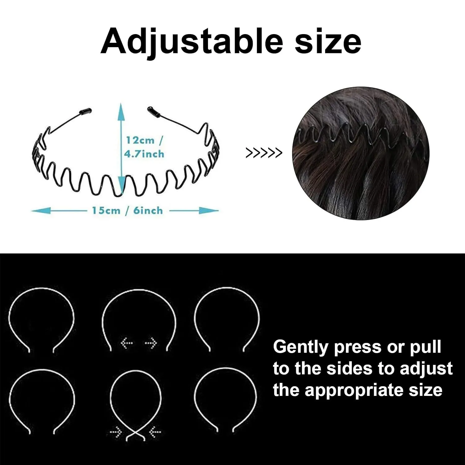 Mens Headbands Metal Hairband Wavy Hairbands Boys Metal Hairband Black Zigzag Unisex Outdoor, Sports, Everyday Wear Hair Bands. (2 Pcs)