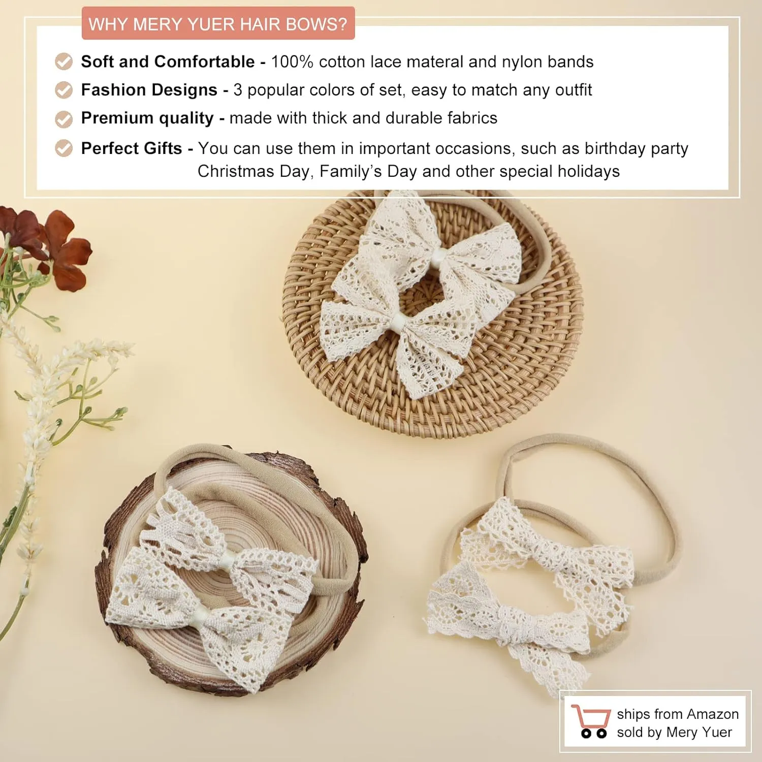 Mery Yuer Baby Girls Lace Headbands Hair Bows Nylon Hairbands for Newborn Infant Toddlers and kids