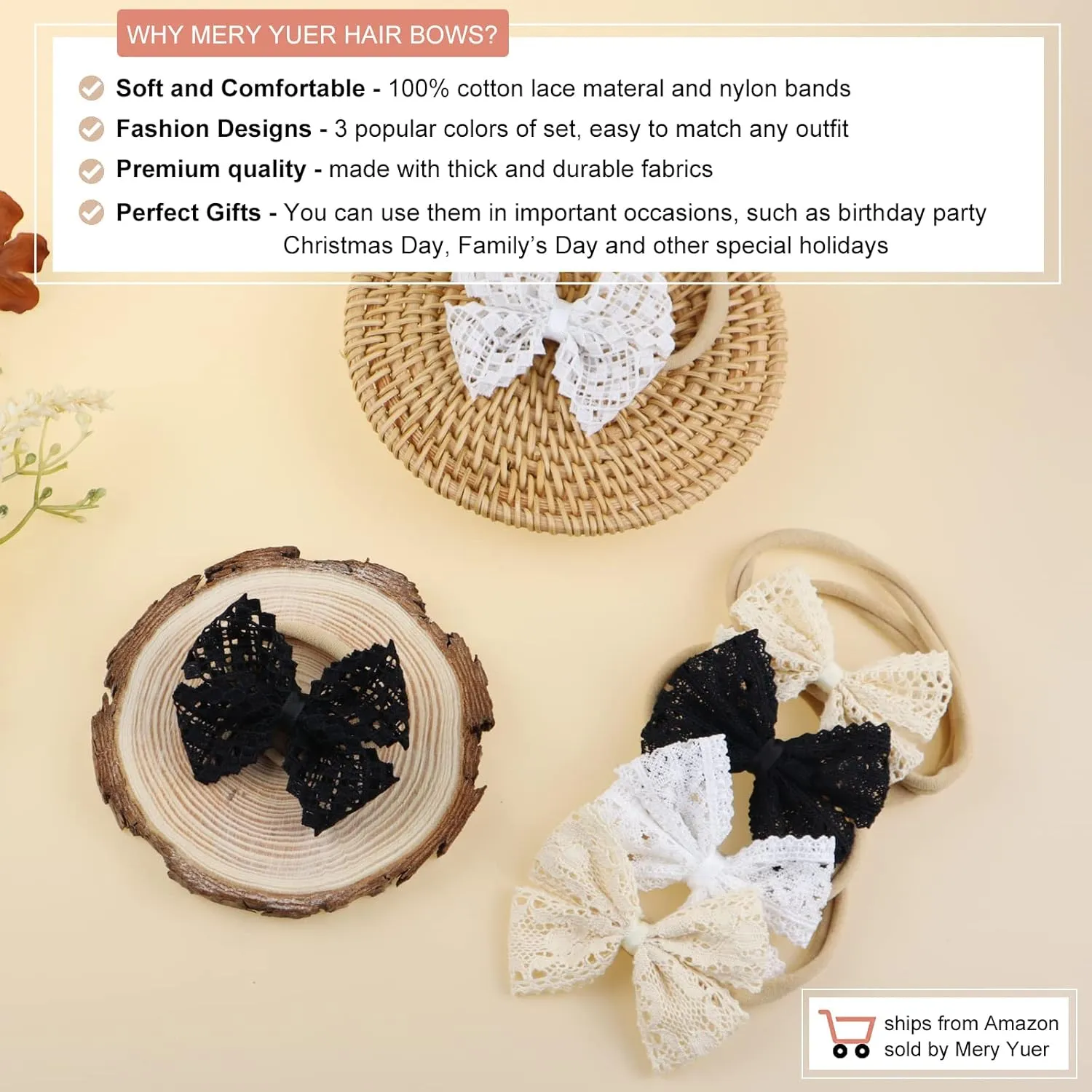 Mery Yuer Baby Girls Lace Headbands Hair Bows Nylon Hairbands for Newborn Infant Toddlers and kids