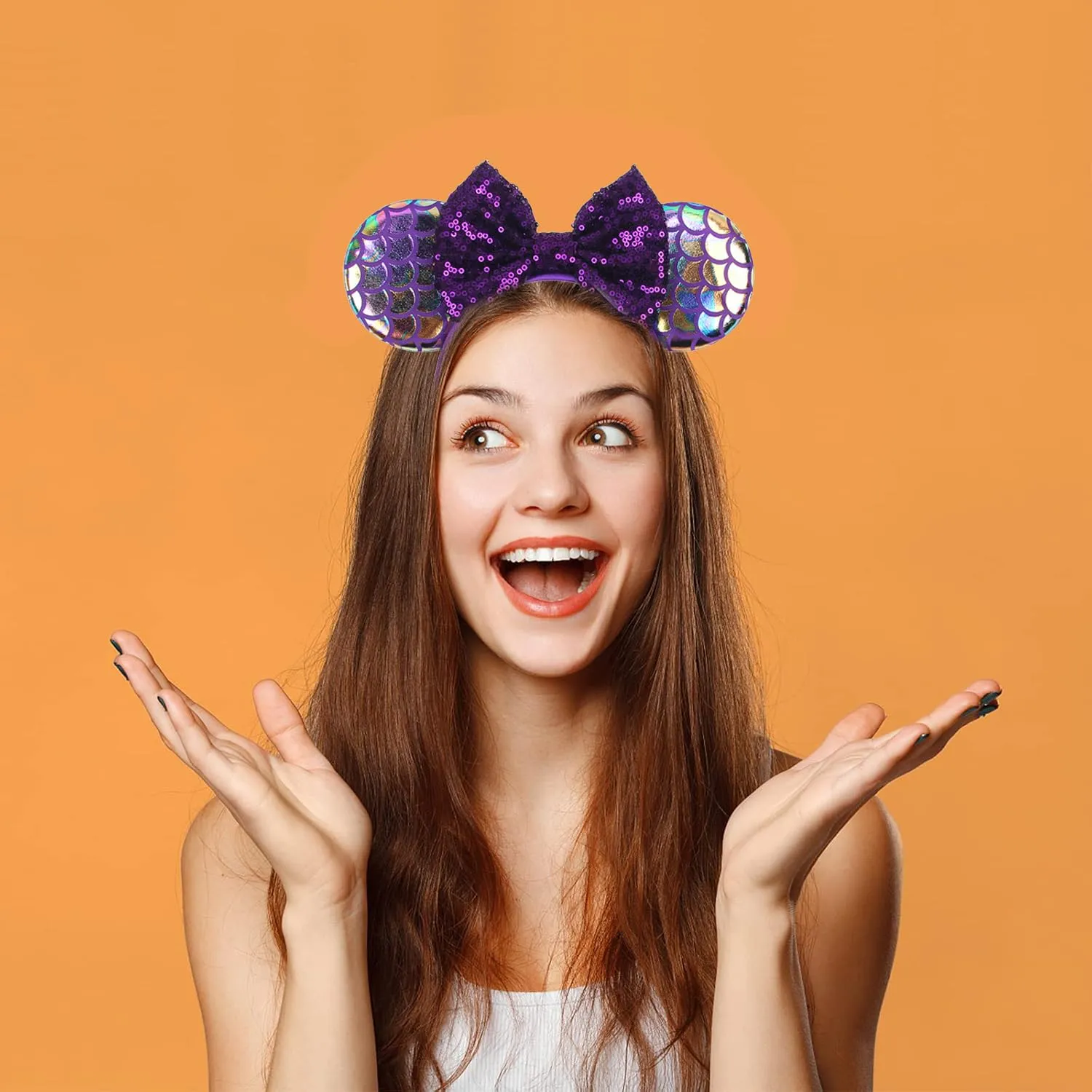 Purple Mouse Ears Headband With Sequins Bow, for Women Disneyland Mermaid Princess Costume Cosplay Glitter Party Accessories; MRY-Z3
