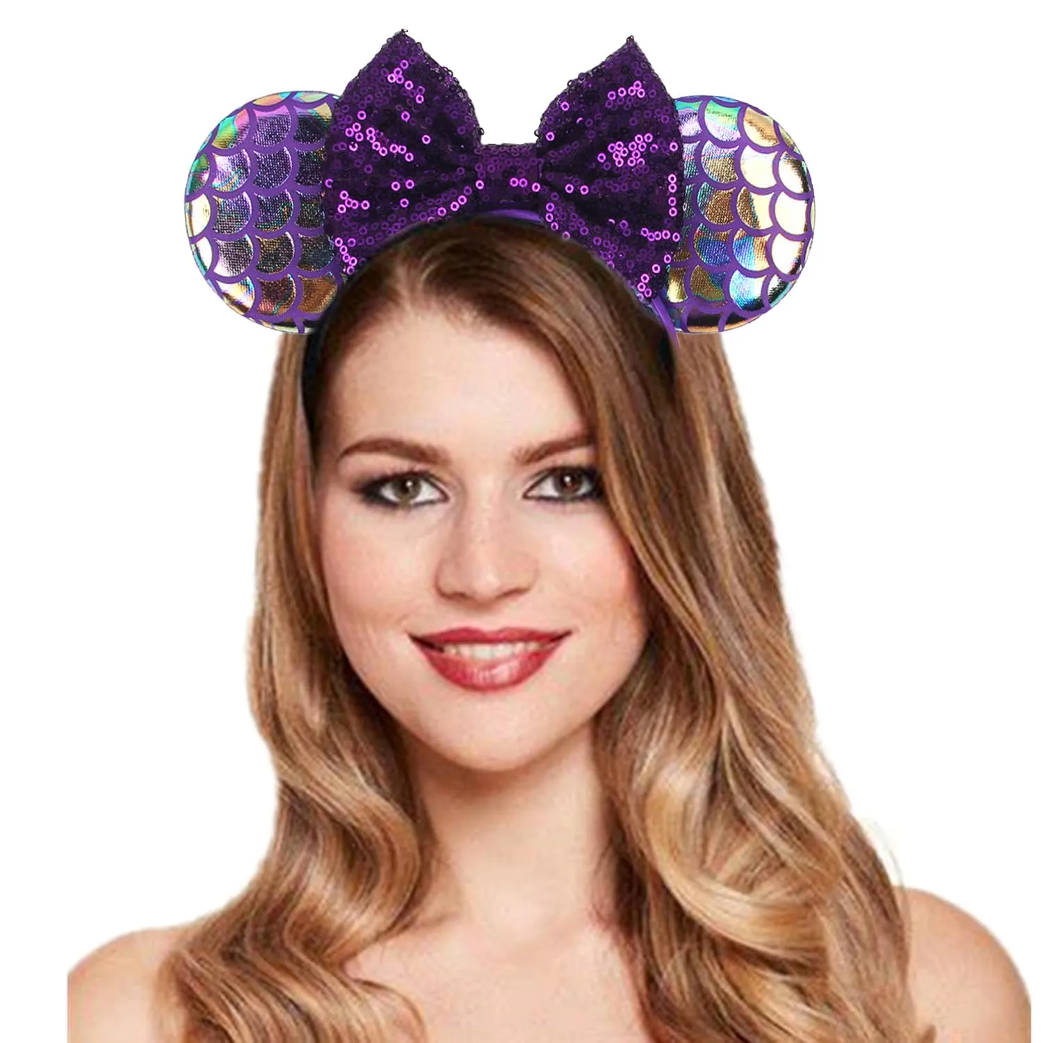 Purple Mouse Ears Headband With Sequins Bow, for Women Disneyland Mermaid Princess Costume Cosplay Glitter Party Accessories; MRY-Z3