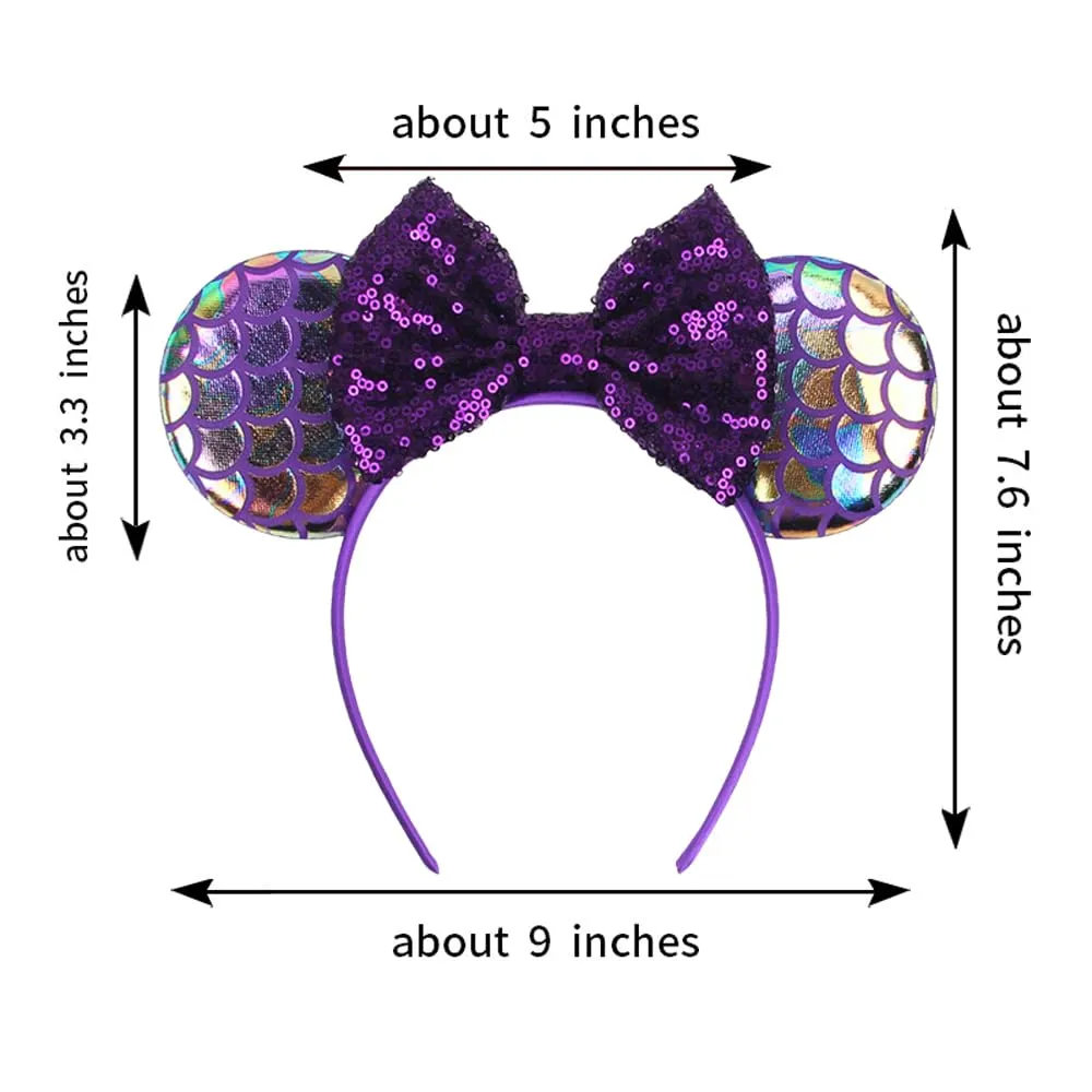 Purple Mouse Ears Headband With Sequins Bow, for Women Disneyland Mermaid Princess Costume Cosplay Glitter Party Accessories; MRY-Z3