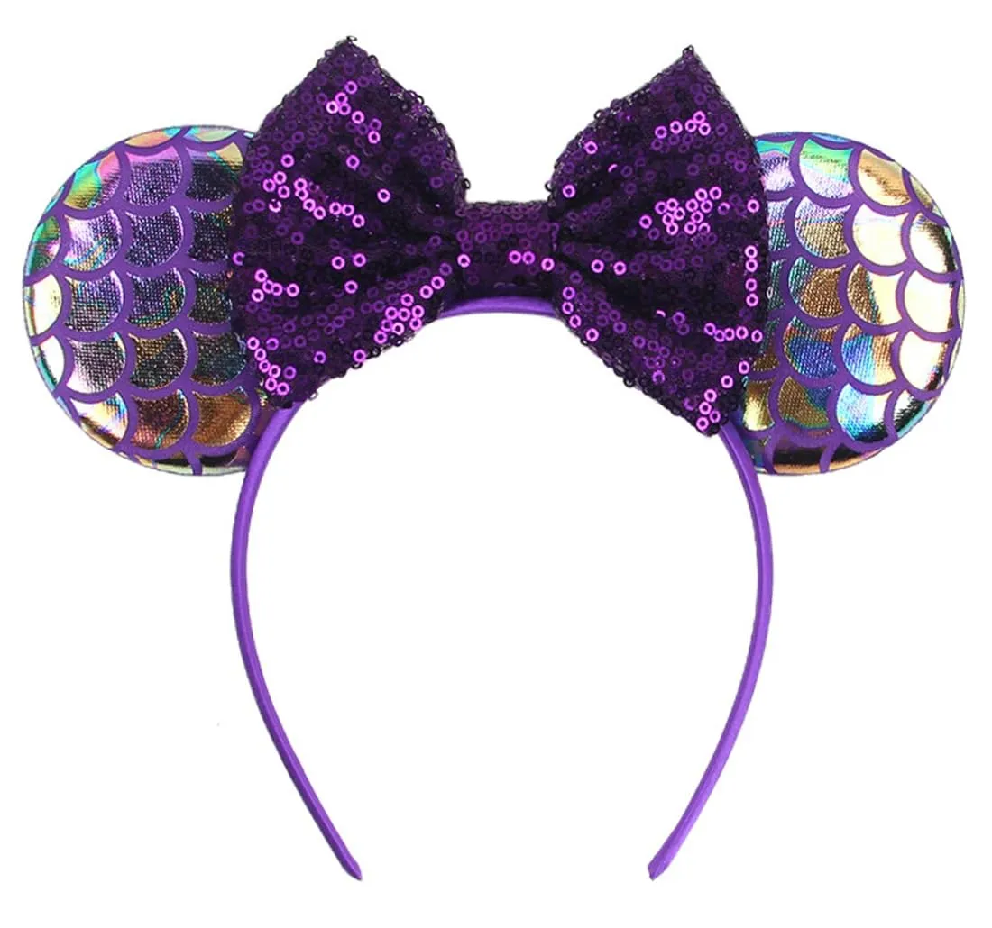 Purple Mouse Ears Headband With Sequins Bow, for Women Disneyland Mermaid Princess Costume Cosplay Glitter Party Accessories; MRY-Z3