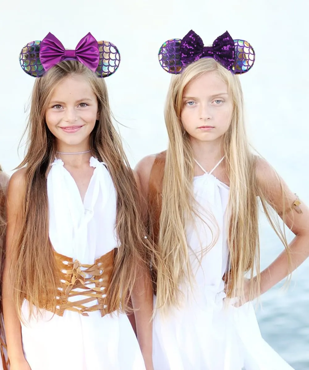 Purple Mouse Ears Headband With Sequins Bow, for Women Disneyland Mermaid Princess Costume Cosplay Glitter Party Accessories; MRY-Z3