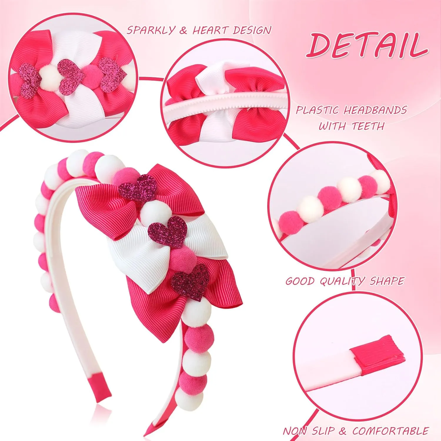 Rose Red Bow Headband Spring Summer Hair Accessories for Girls Women, Cute Bows Glitter Hearts Hair Band Non Slip Headbands Summer Outfit Party Supplies Decoration