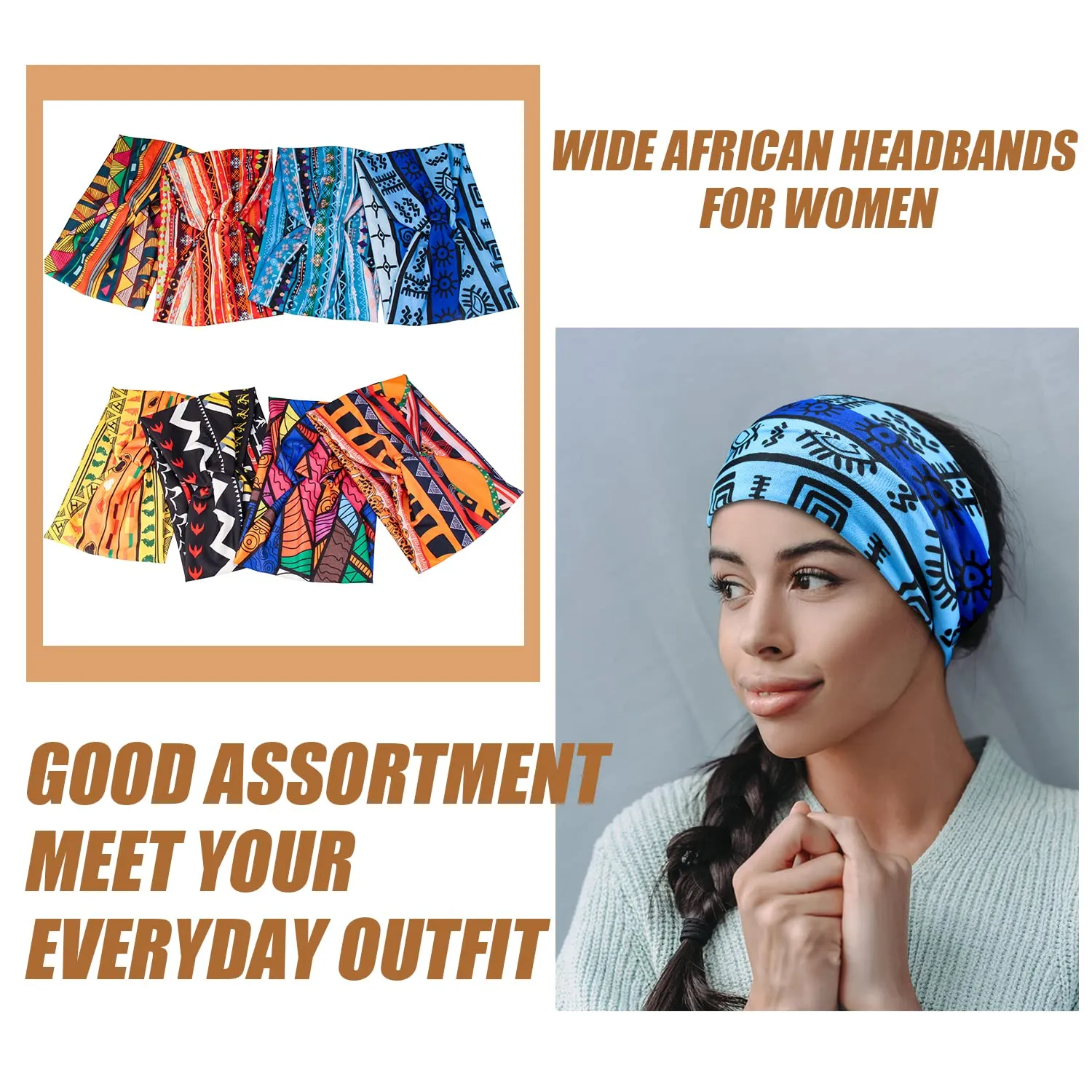 Wide African Headbands for Women Boho Twist Head Bands Elastic Turban Headwraps for Lady Yoga Sports Workout Stretchy Hairband,Pack of 8