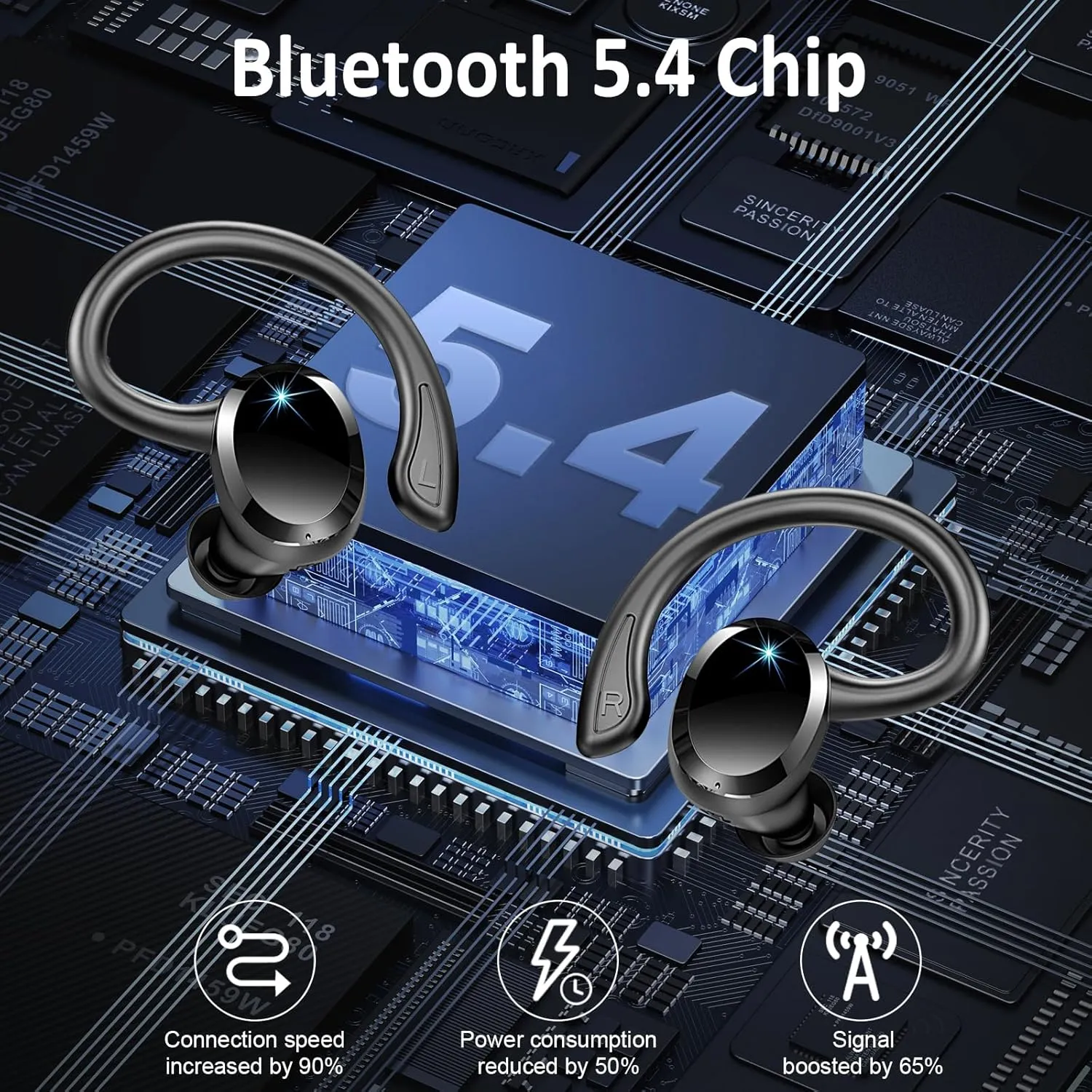 Wireless Earbuds Sport, 2025 Bluetooth 5.4 Headphones Bass Hi-Fi Stereo Over Ear Buds, 56Hrs Noise Cancelling Headset with Earhook, IP7 Waterproof Earphones Workout Running for Laptop Pad Android iOS